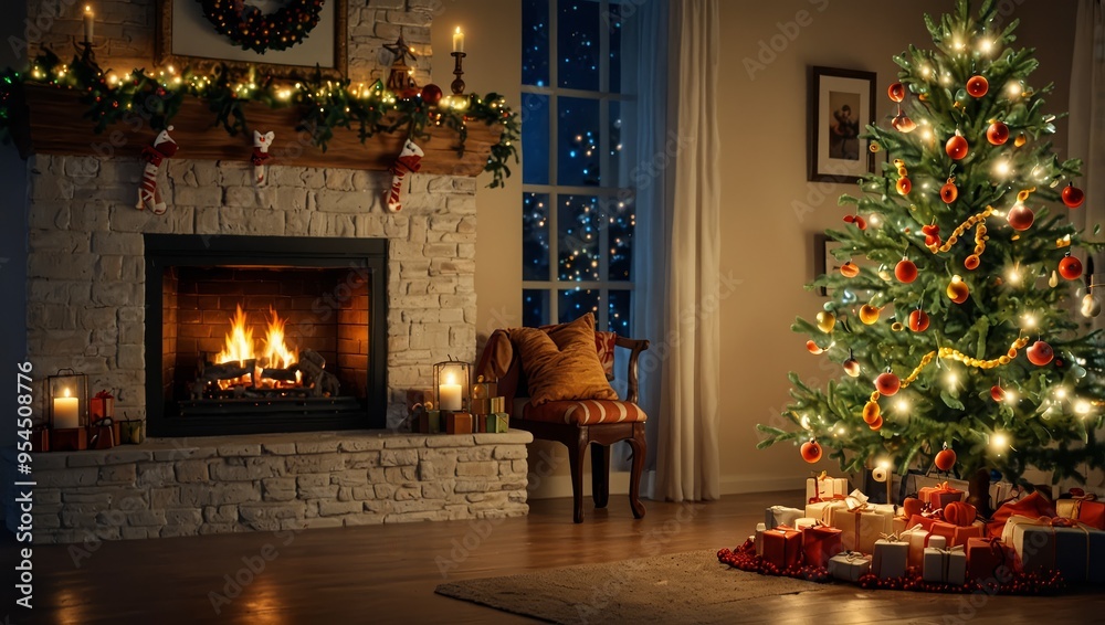 Christmas Tree with Decorations Near a Fireplace with Lights