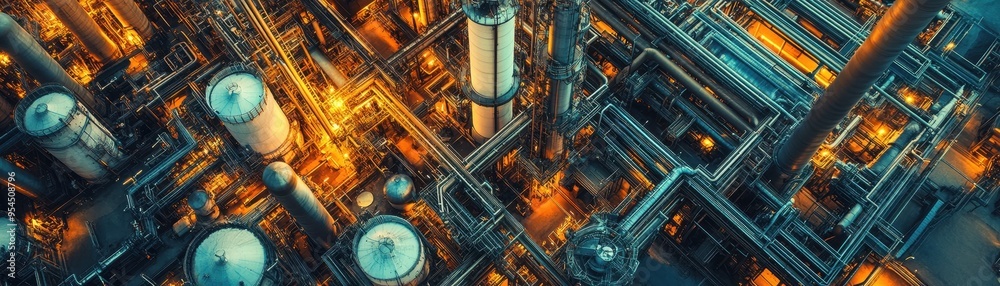 Aerial View of a Modern Industrial Plant with Complex Network of Pipes and Tanks Illuminated at Night