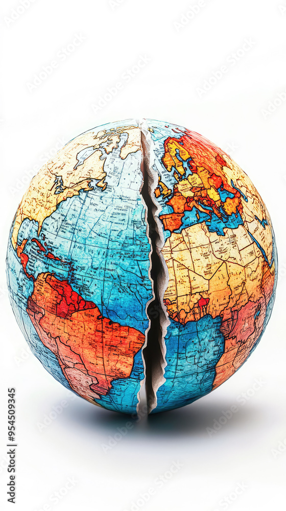 A Broken World: A Globe Fractured in Two, Symbolic of Global Division and Conflict. A Broken World: A Globe Fractured in Two, Symbolic of Global Division and Conflict.
