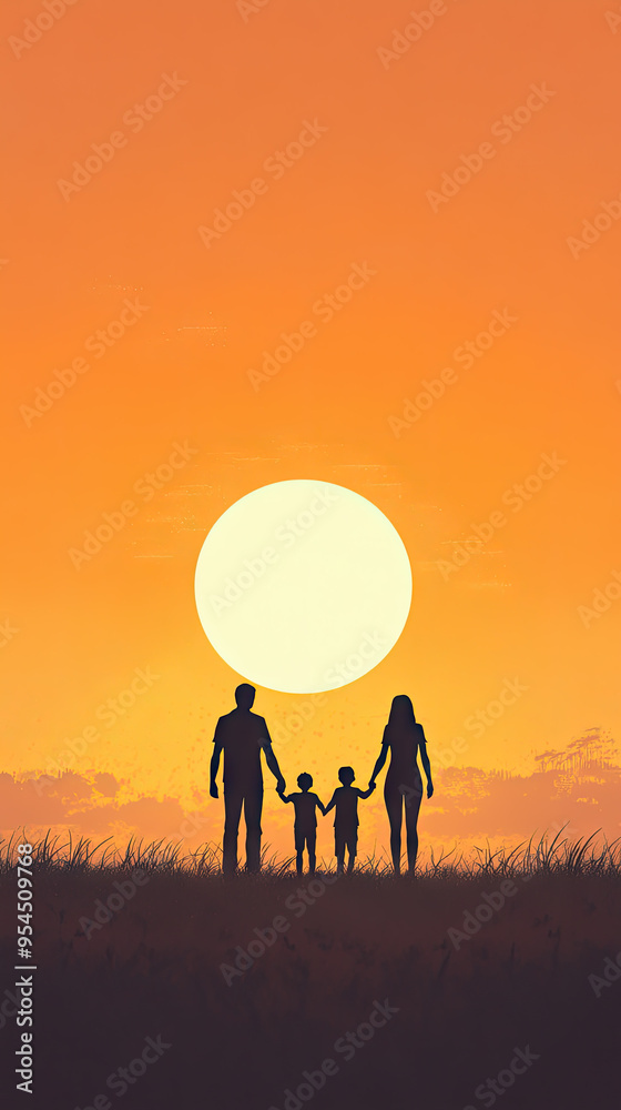 A family of four, silhouetted against a vibrant sunset, holds hands, radiating warmth and unity. A family of four, silhouetted against a vibrant sunset, holds hands, radiating warmth and unity.