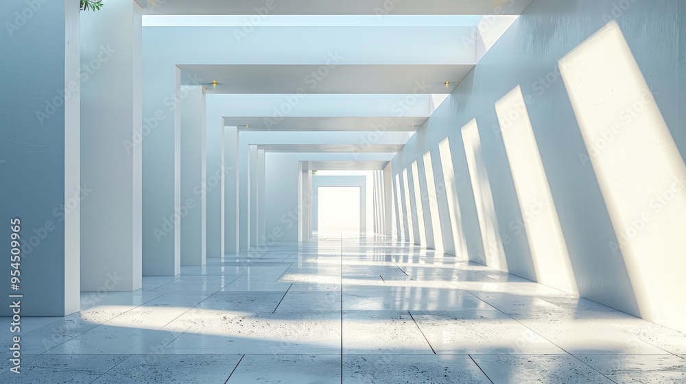 Fototapeta premium white scale simplistic architecture with a square frame on the right side. Realistic lights and shadows. 