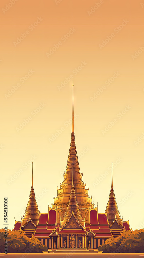 Fototapeta premium A Serene Silhouette: A Traditional Thai Temple Bathed in the Warm Glow of Sunset.