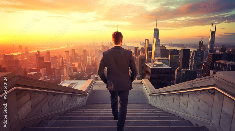 Ambitious business man climbing stairs to meet incoming challenge and business opportunity. The high stair represents the concept of career path success, future planning and business competitions. Ambitious business man climbing stairs to meet incoming challenge and business opportunity. The high stair represents the concept of career path success, future planning and business competitions.
