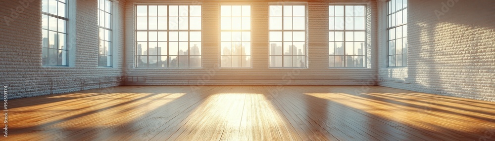 Sunlit Modern Loft with Large Windows and City Skyline View in the Background