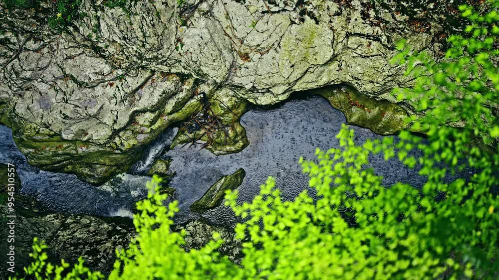 A tranquil stream flows gently between rugged rocks, surrounded by lush green foliage. top down view. 8k A tranquil stream flows gently between rugged rocks, surrounded by lush green foliage. top down view. 8k