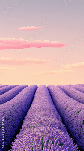 A Serene Sunset Over a Lavender Field, Bathed in Soft Pink Hues