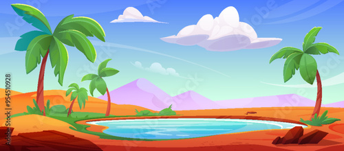 Arabian desert oasis with tropical lake. Vector cartoon illustration of sunny scenery with sandy dunes and pyramids on horizon, green grass and palm trees around blue water, fluffy clouds in sky