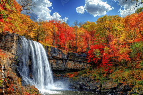 A vibrant autumn scene featuring a cascading waterfall surrounded by colorful foliage under a bright blue sky.