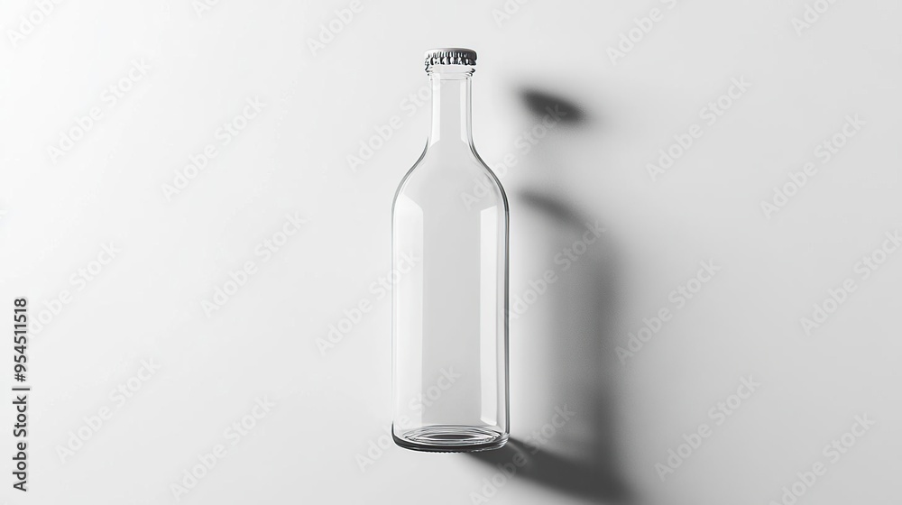 A clear glass bottle standing upright, casting a shadow on a plain surface. A clear glass bottle standing upright, casting a shadow on a plain surface.