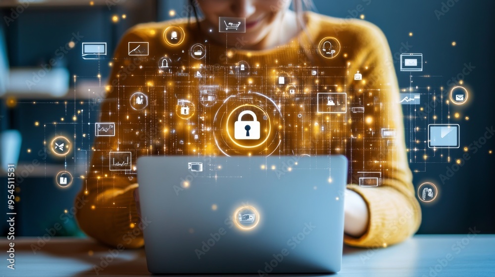 Fototapeta premium A person is engaged with laptop, surrounded by digital icons representing internet safety and security. glowing lock symbol emphasizes importance of safeguarding against phishing.
