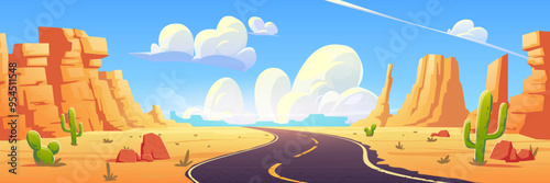 Western canyon road perspective. Vector cartoon illustration of sandy desert with huge rocks, stones and cacti along curvy highway, Nevada landscape, summer travel, fluffy clouds in blue sunny sky