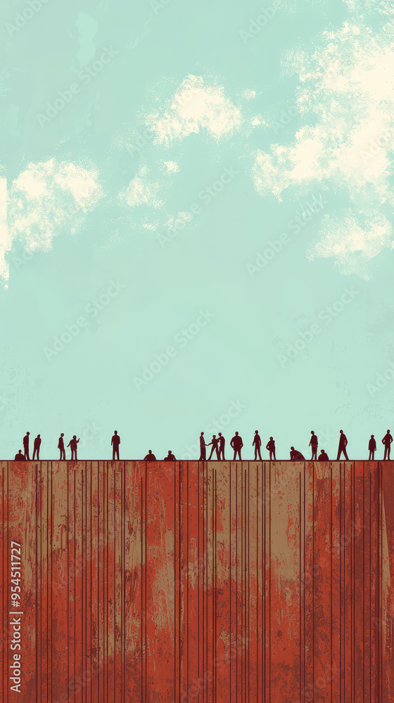 Obraz premium A stark silhouette of figures against a rusty, weathered fence, their forms echoing a timeless struggle for unity and connection.