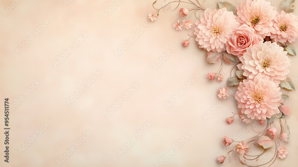 Obraz premium Soft pink blooms adorn the corner of a beige backdrop, perfect for wedding invites or gentle greeting cards.