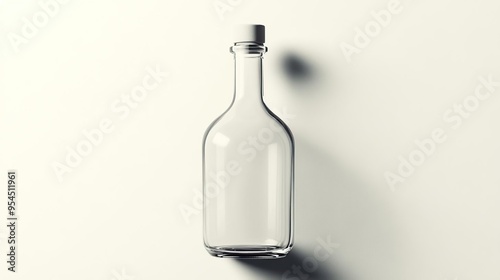 A clear glass bottle with a cork lid, casting a shadow on a plain background.