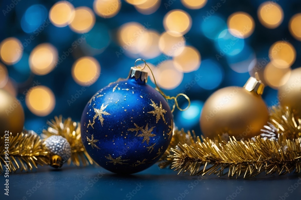Christmas Tree With Golden Baubles And Shiny Lights In Blue Background Christmas Tree With Golden Baubles And Shiny Lights In Blue Background