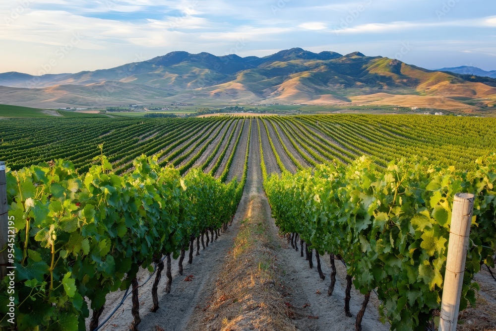 Fototapeta premium Sprawling vineyards stretch out beneath a majestic mountain range at sunset, capturing the beauty of the grapevines in the foreground and the golden hues of the sky.
