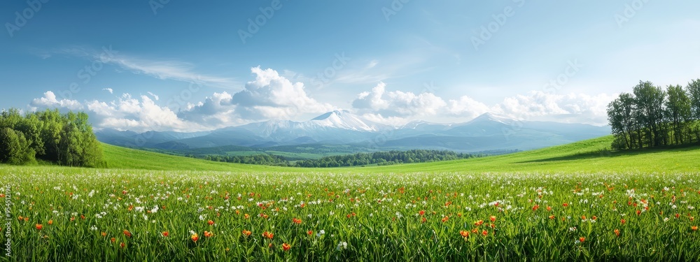 Fototapeta premium A lush green field filled with flowers beneath a blue sky In the distance, mountain ranges rise