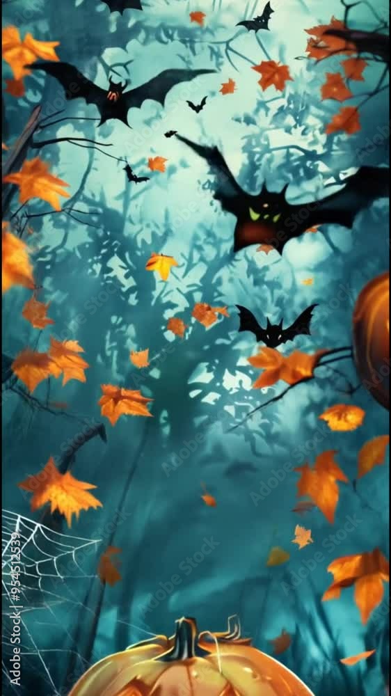 Artificial Intelligence. Halloween Background With Jack O Lantern And Bats And Dark Thicket. 