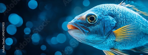  A tight shot of a blue fish with indistinctive lights in the backdrop, and a hazy light up front