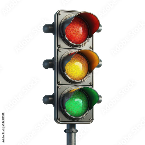 traffic light with red, yellow and green light illuminated isolated on transparent background, png image 



