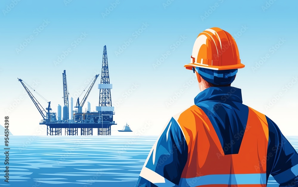 Worker in safety gear overlooks an offshore oil rig in the ocean, emphasizing industry, safety, and exploration at sea. Worker in safety gear overlooks an offshore oil rig in the ocean, emphasizing industry, safety, and exploration at sea.