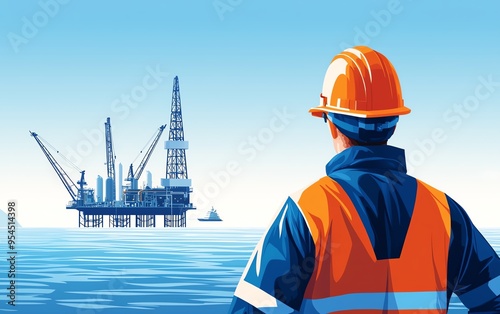 Worker in safety gear overlooks an offshore oil rig in the ocean, emphasizing industry, safety, and exploration at sea.