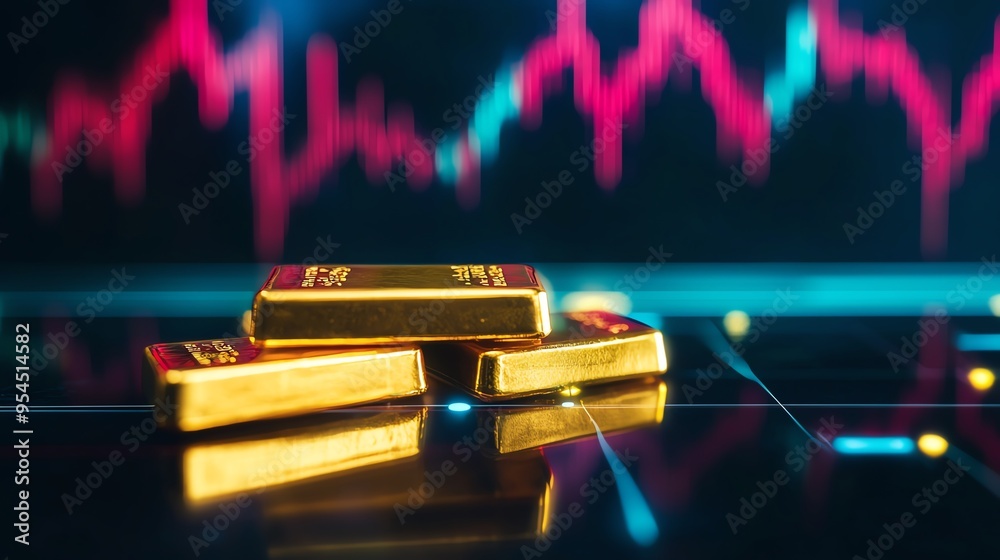 Gold bars in focus with a defocused financial graph background, representing investment, wealth, and market fluctuations. Gold bars in focus with a defocused financial graph background, representing investment, wealth, and market fluctuations.