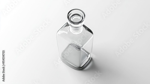 A clear glass bottle with a square base and a narrow neck, suitable for various liquids. photo