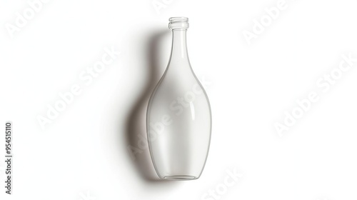 A clear glass bottle with a unique shape casting a soft shadow.