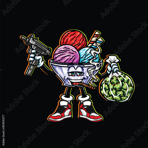 weed smoking character cartoon mascot logo leaf face happy with fruit strain object ice cream gelato holding gun