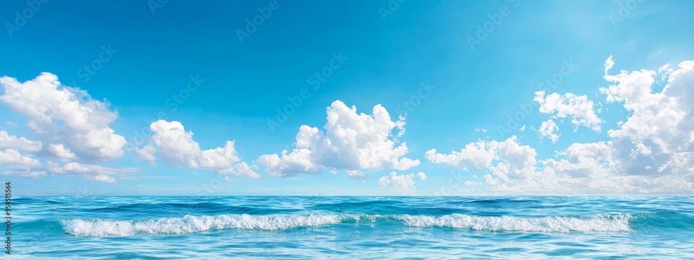 A large expanse of blue water with clouds scattering the sky above and gentle waves at the forefront A large expanse of blue water with clouds scattering the sky above and gentle waves at the forefront