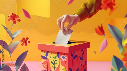 Ballot box with hand putting paper inside, bright illustration, bright colors