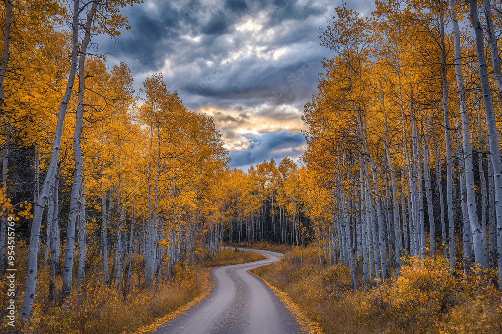 Fototapeta premium A winding road through a vibrant autumn forest with golden leaves under a dramatic sky.