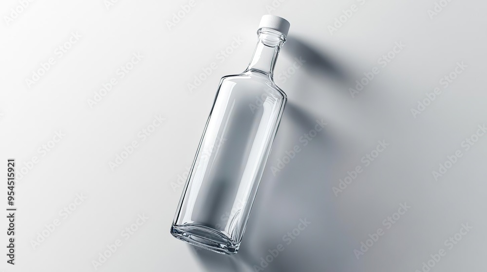 A clear glass bottle with a white cap, positioned on a light surface. A clear glass bottle with a white cap, positioned on a light surface.