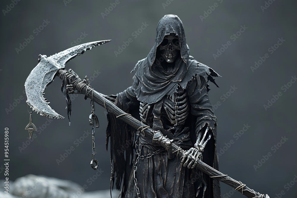 Fototapeta premium Scary grim reaper with scythe in hell on dark background with dramatic background