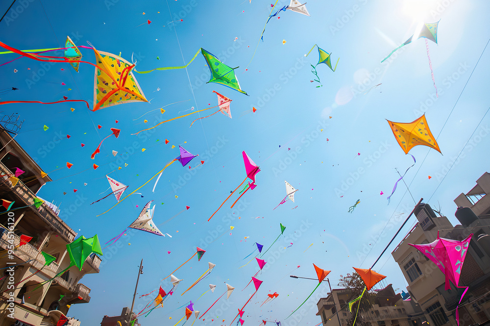 Beautiful greeting card with colorful kites soaring high above vibrant sky to holiday composition Beautiful greeting card with colorful kites soaring high above vibrant sky to holiday composition
