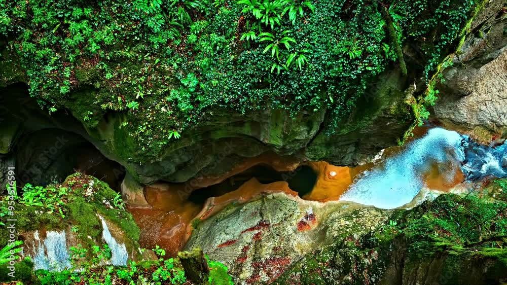 A breathtaking view of a lush, green gorge with a serene pool of water at the bottom. The vibrant foliage clings to the rocky walls, creating a natural oasis of tranquility. A breathtaking view of a lush, green gorge with a serene pool of water at the bottom. The vibrant foliage clings to the rocky walls, creating a natural oasis of tranquility.