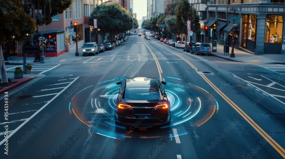 Fototapeta premium Autonomous car navigating a city street using IoT technology for traffic updates and route optimization, Internet of Things, smart transportation