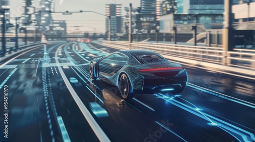 Autonomous car navigating a city street using IoT technology for traffic updates and route optimization, Internet of Things, smart transportation