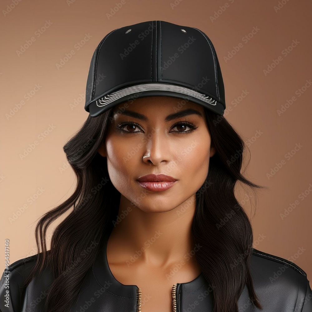 3D rendering of a black leather baseball cap with woman model 3D rendering of a black leather baseball cap with woman model