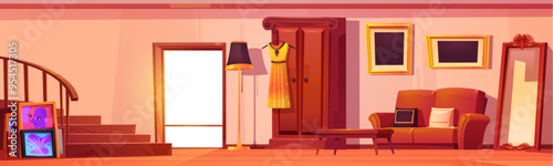 House hallway interior with furniture and stairs. Vector cartoon illustration of room with classical wooden staircase, fancy dress on wardrobe, table near sofa, floor mirror and lamp, framed pictures