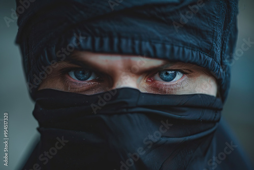 Japanese ninja warrior dressed in samurai clothes holding a sharp sword