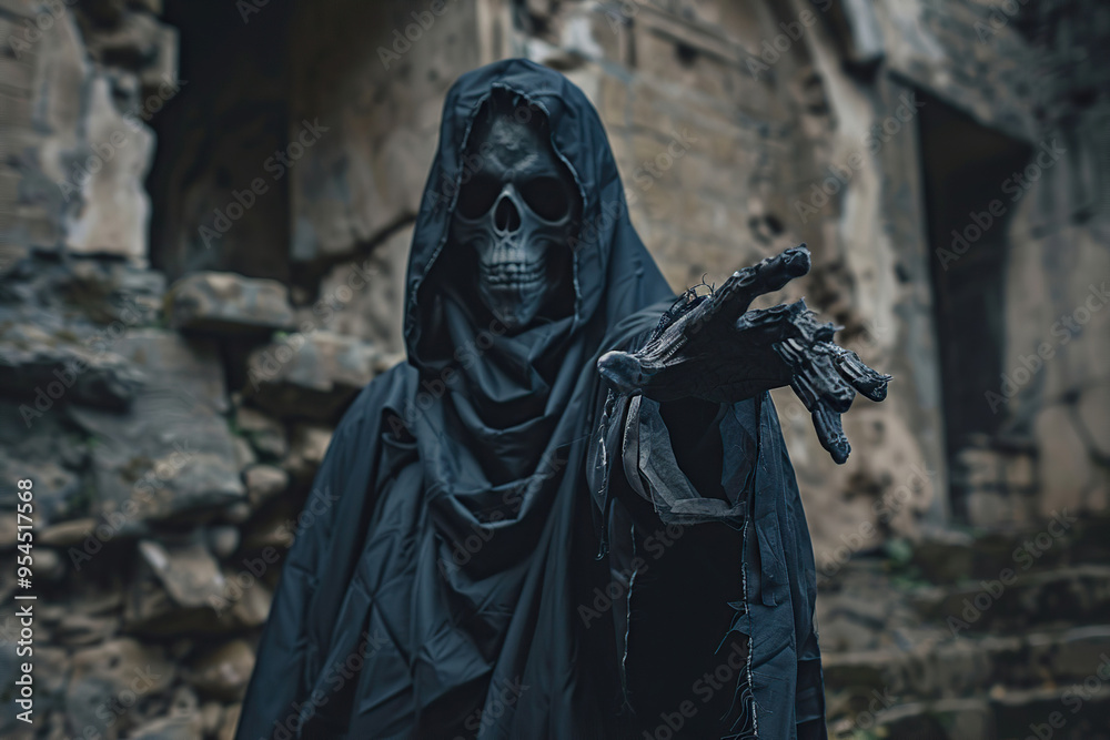 Scary grim reaper with scythe in hell on dark background with dramatic background