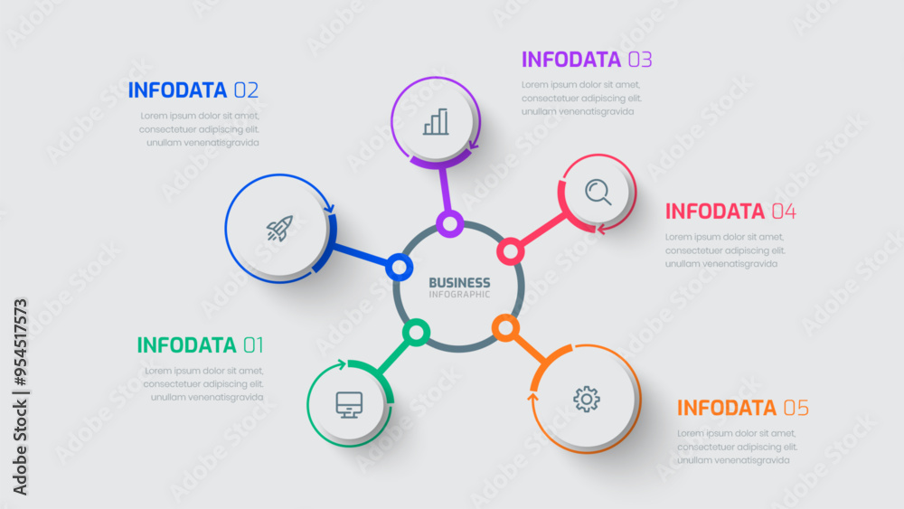 Business infographic template with Central Circle Line label 5 options and icon for presentation Business infographic template with Central Circle Line label 5 options and icon for presentation