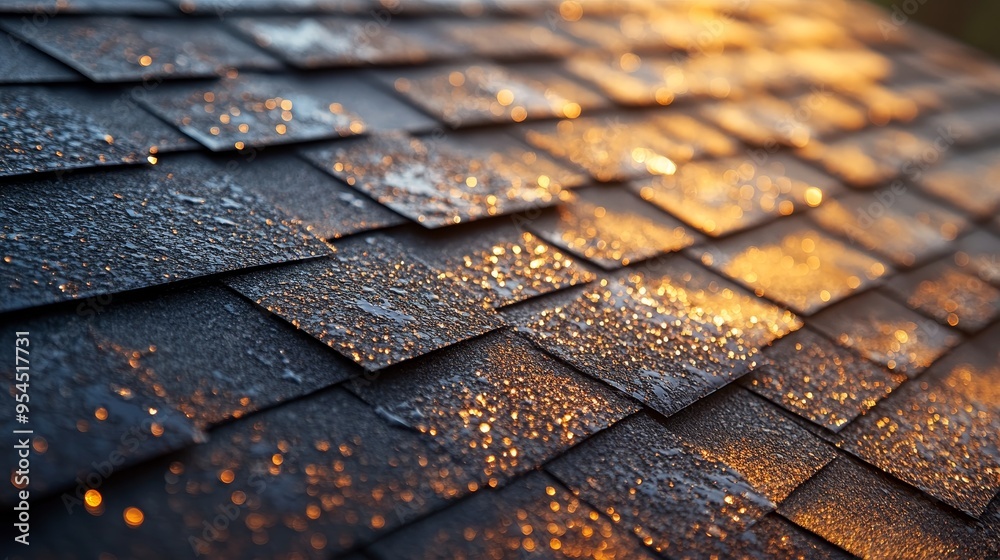 Close-up view of hailstones next to impact marks on a shingle roof, captured under warm evening light, showing the damage and contrast in textures Close-up view of hailstones next to impact marks on a shingle roof, captured under warm evening light, showing the damage and contrast in textures
