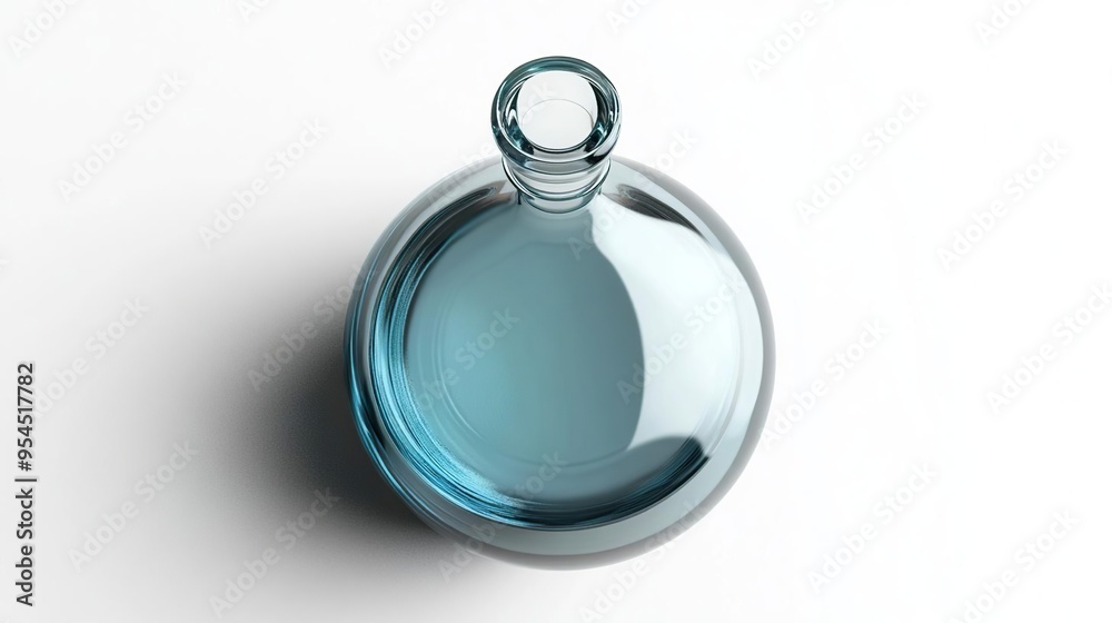 A clear glass flask with a blue tint, designed for holding liquids. A clear glass flask with a blue tint, designed for holding liquids.