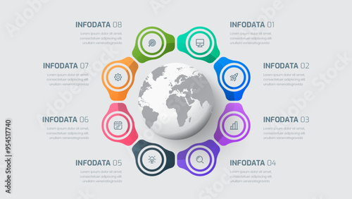 Business Infographic Element Template with Globe 8 Options and Icon for Presentation Diagram
