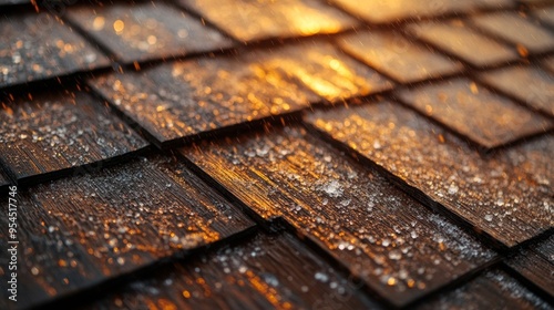 Close-up view of hailstones next to impact marks on a shingle roof, captured under warm evening light, showing the damage and contrast in textures