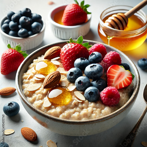 Delicious Oatmeal with Berries Almonds and Honey