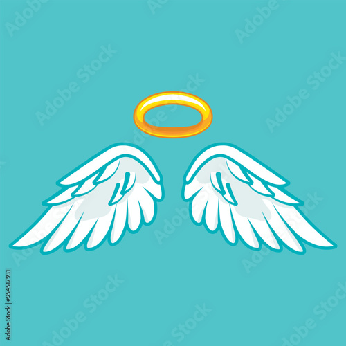 Elegant wings with a golden nimbus halo isolated on a vibrant turquoise background, symbolizing purity and divine presence in a serene atmosphere